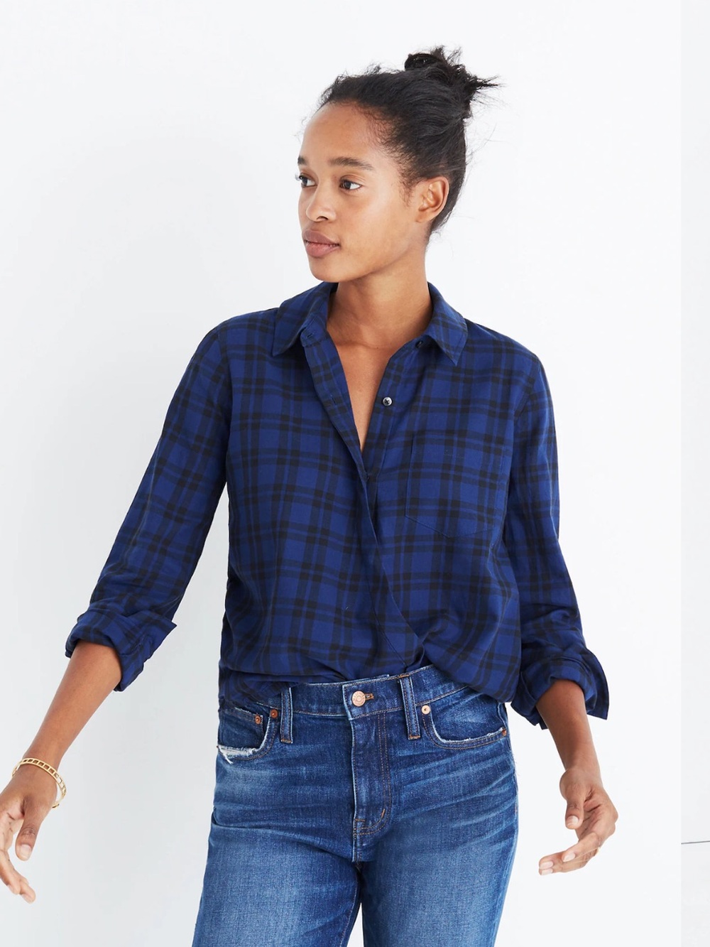 Madewell Navy and Black Arion Plaid Cotton Wrap Front Shirt Size M